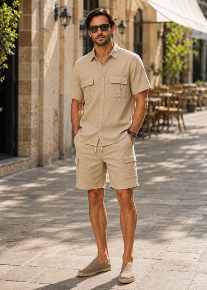 Men’s Casual Linen Shirt and Shorts Set | Men | Breathable Linen Blend | Summer Co-Ord Loungewear | Steven & Levon