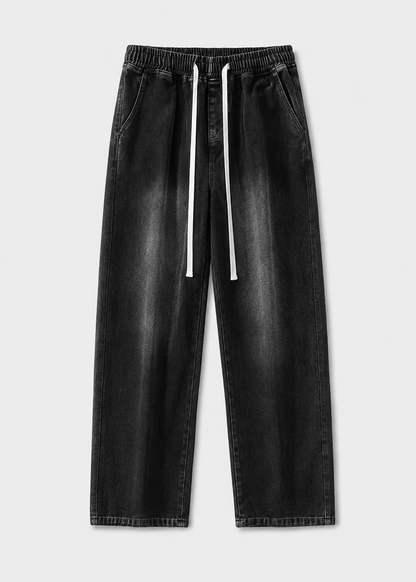 Driftway - Loose Straight Leg Drawstring Jeans  Everyday Casual Wear