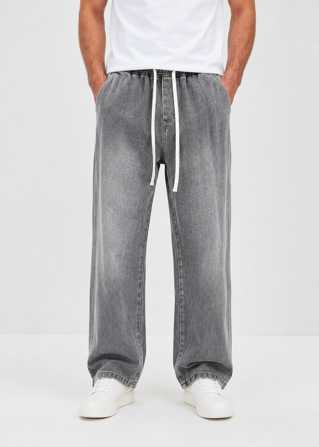 Driftway - Loose Straight Leg Drawstring Jeans  Everyday Casual Wear