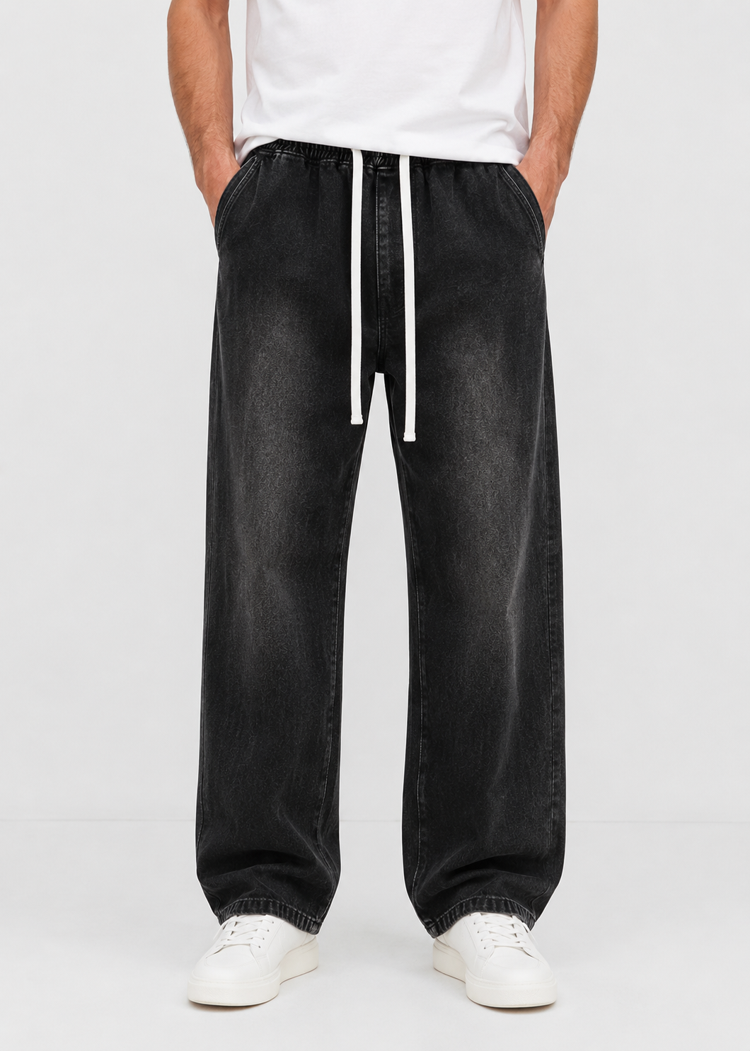 Driftway - Loose Straight Leg Drawstring Jeans  Everyday Casual Wear