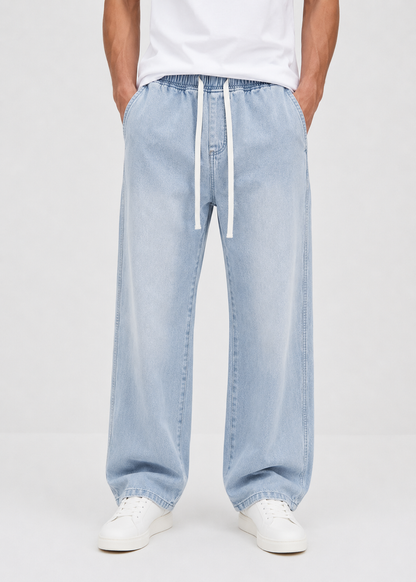 Driftway - Loose Straight Leg Drawstring Jeans  Everyday Casual Wear