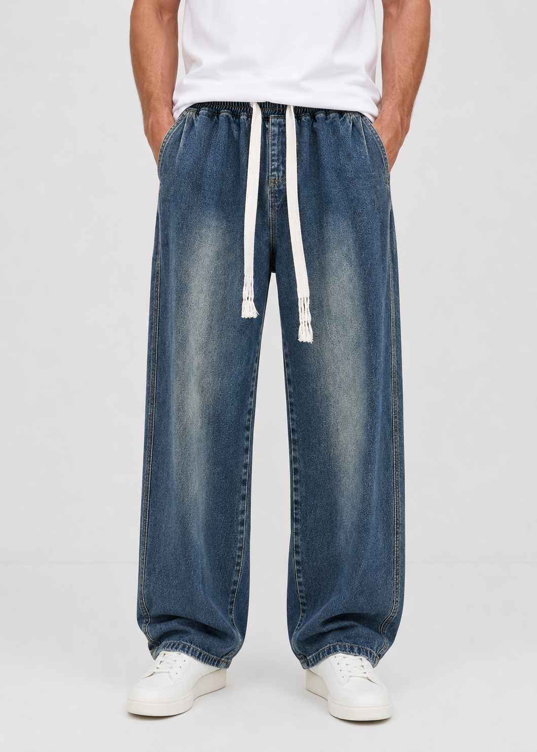 Driftway - Loose Straight Leg Drawstring Jeans  Everyday Casual Wear