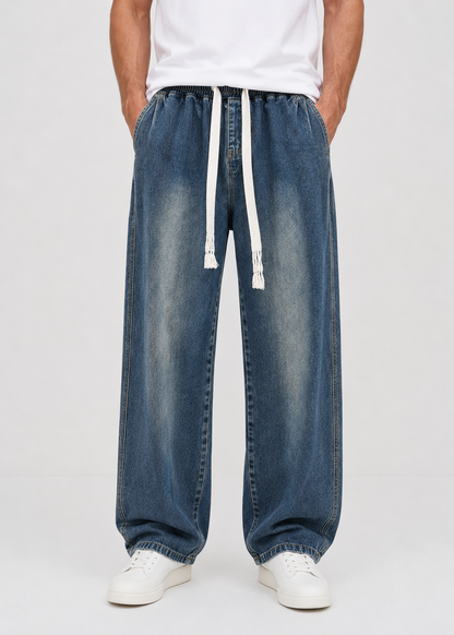 Driftway - Loose Straight Leg Drawstring Jeans  Everyday Casual Wear