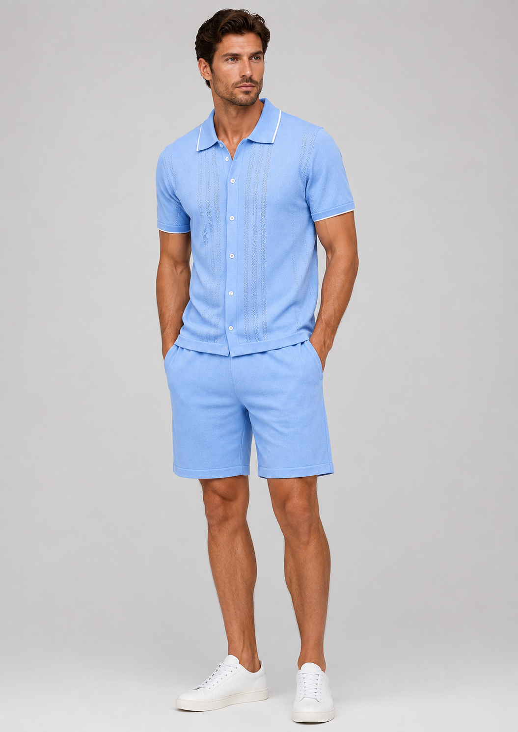 Men's Knit Two-Piece Set | Textured Knit Shirt & Trousers | Relaxed Fit | Steven & Levon
