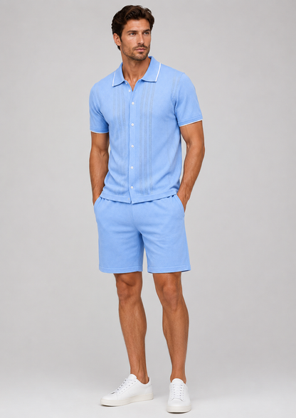 Men's Knit Two-Piece Set | Textured Knit Shirt & Trousers | Relaxed Fit | Steven & Levon