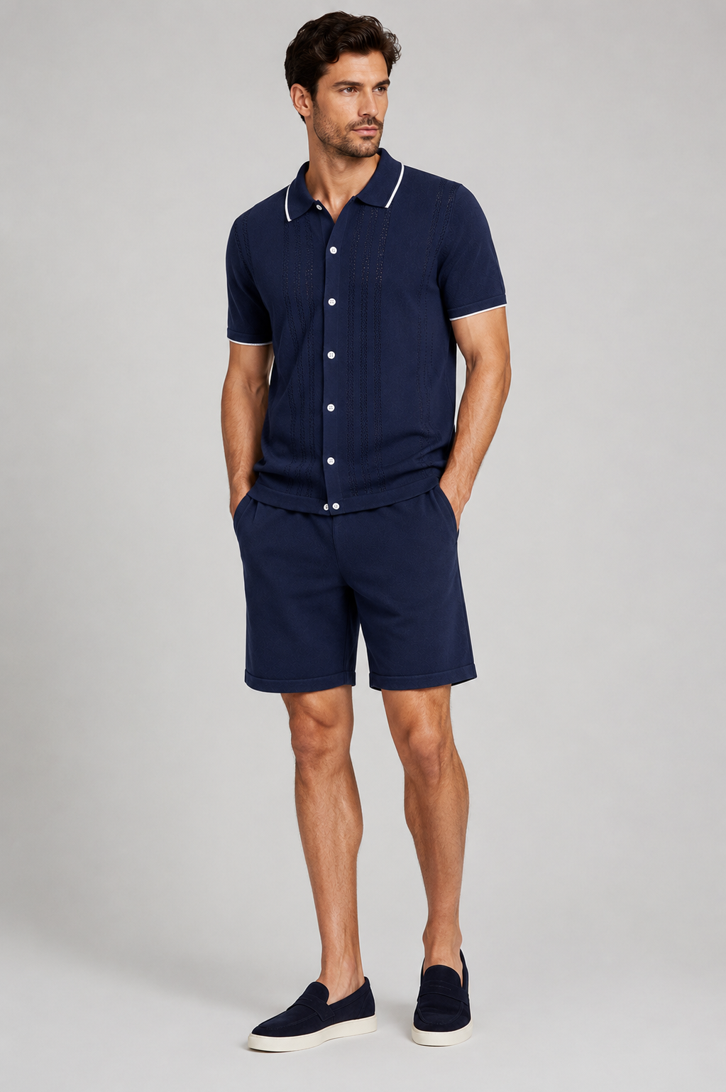 Men's Knit Two-Piece Set | Textured Knit Shirt & Trousers | Relaxed Fit | Steven & Levon