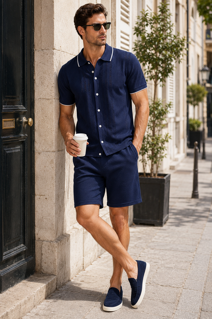 Men's Knit Two-Piece Set | Textured Knit Shirt & Trousers | Relaxed Fit | Steven & Levon
