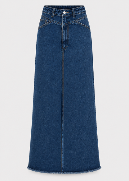 Women's High Waist Denim Maxi Skirt | Women | Straight Fit | Raw Hem | 4-Pocket Long Skirt | Steven & Levon