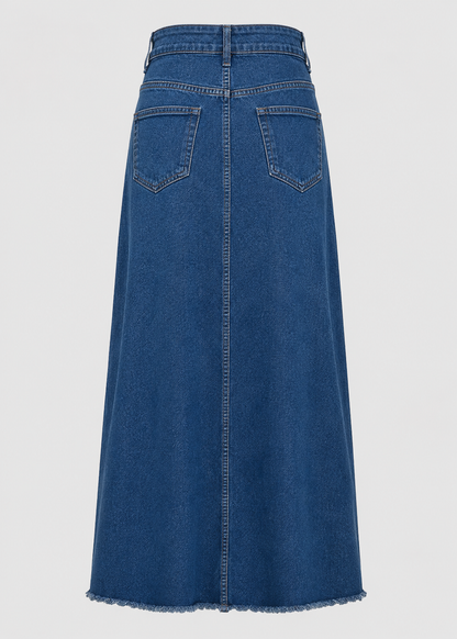 Women's High Waist Denim Maxi Skirt | Women | Straight Fit | Raw Hem | 4-Pocket Long Skirt | Steven & Levon