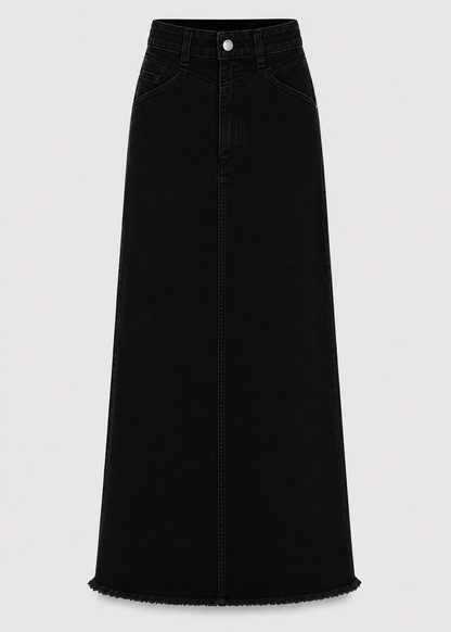 Women's High Waist Denim Maxi Skirt | Women | Straight Fit | Raw Hem | 4-Pocket Long Skirt | Steven & Levon
