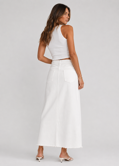 Women's High Waist Denim Maxi Skirt | Women | Straight Fit | Raw Hem | 4-Pocket Long Skirt | Steven & Levon