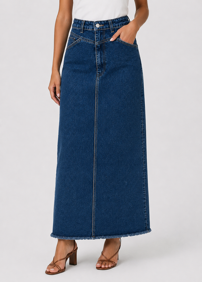 Women's High Waist Denim Maxi Skirt | Women | Straight Fit | Raw Hem | 4-Pocket Long Skirt | Steven & Levon