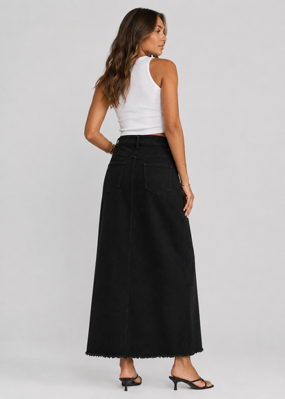 Women's High Waist Denim Maxi Skirt | Women | Straight Fit | Raw Hem | 4-Pocket Long Skirt | Steven & Levon