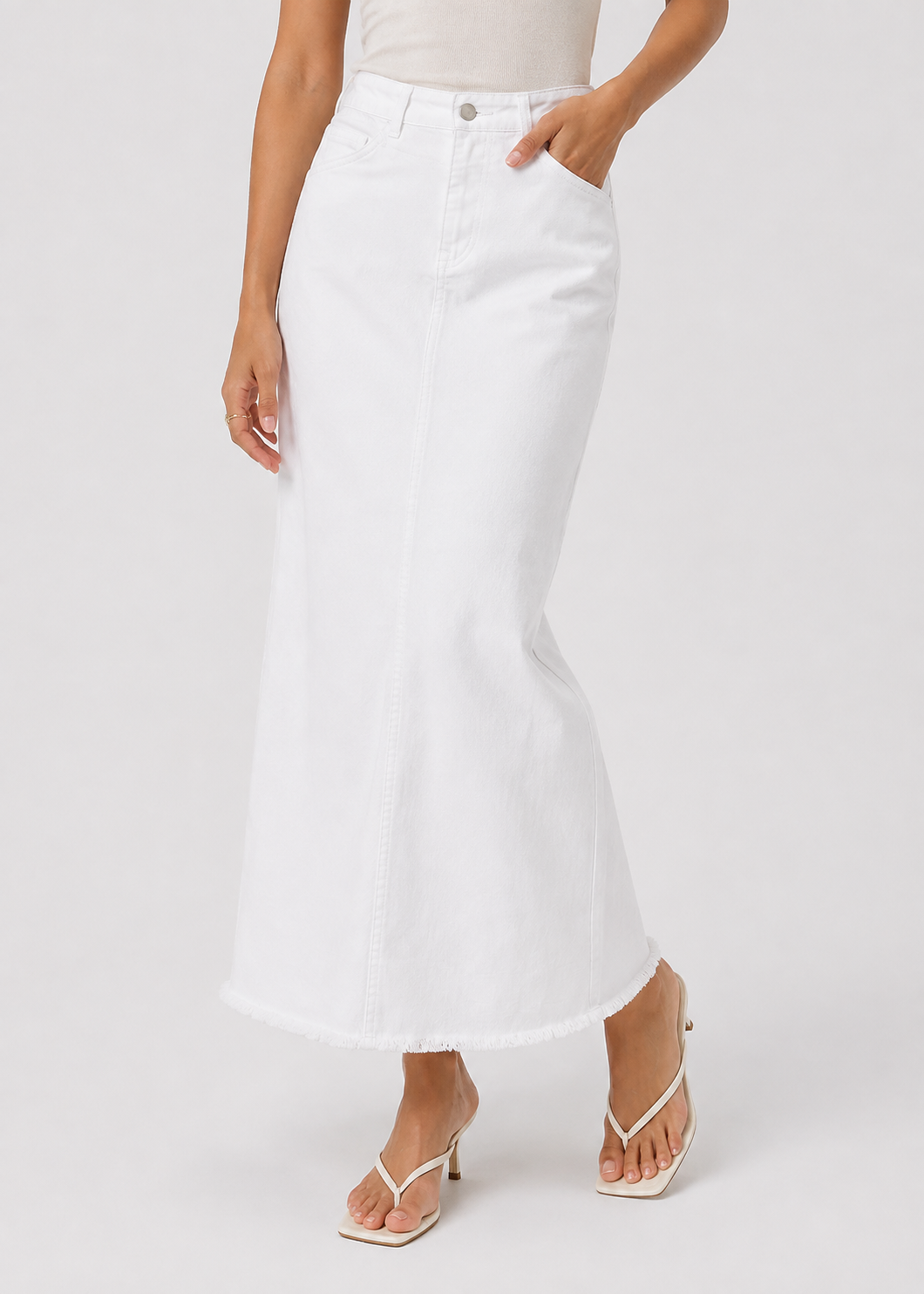 Women's High Waist Denim Maxi Skirt | Women | Straight Fit | Raw Hem | 4-Pocket Long Skirt | Steven & Levon