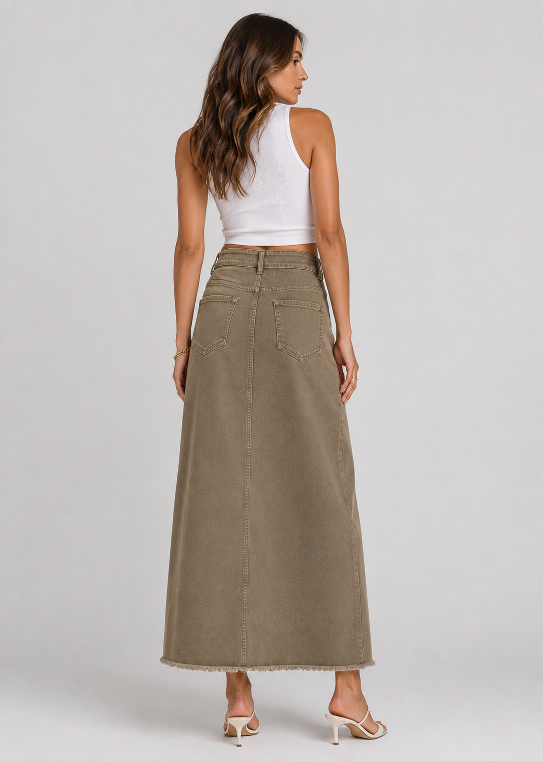 Women's High Waist Denim Maxi Skirt | Women | Straight Fit | Raw Hem | 4-Pocket Long Skirt | Steven & Levon