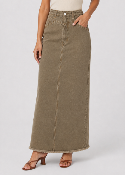 Women's High Waist Denim Maxi Skirt | Women | Straight Fit | Raw Hem | 4-Pocket Long Skirt | Steven & Levon