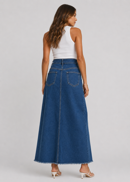 Women's High Waist Denim Maxi Skirt | Women | Straight Fit | Raw Hem | 4-Pocket Long Skirt | Steven & Levon
