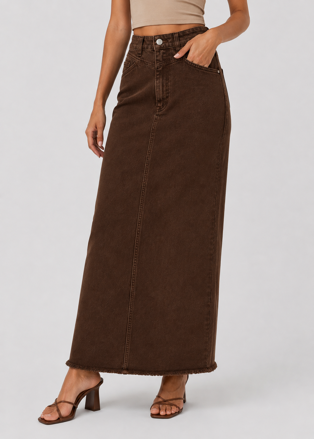 Women's High Waist Denim Maxi Skirt | Women | Straight Fit | Raw Hem | 4-Pocket Long Skirt | Steven & Levon