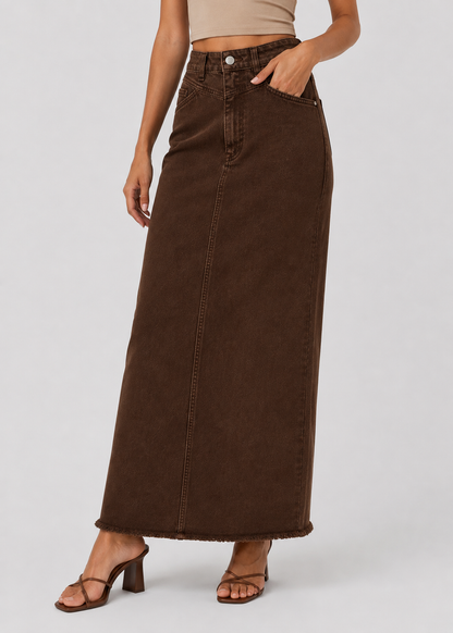 Women's High Waist Denim Maxi Skirt | Women | Straight Fit | Raw Hem | 4-Pocket Long Skirt | Steven & Levon