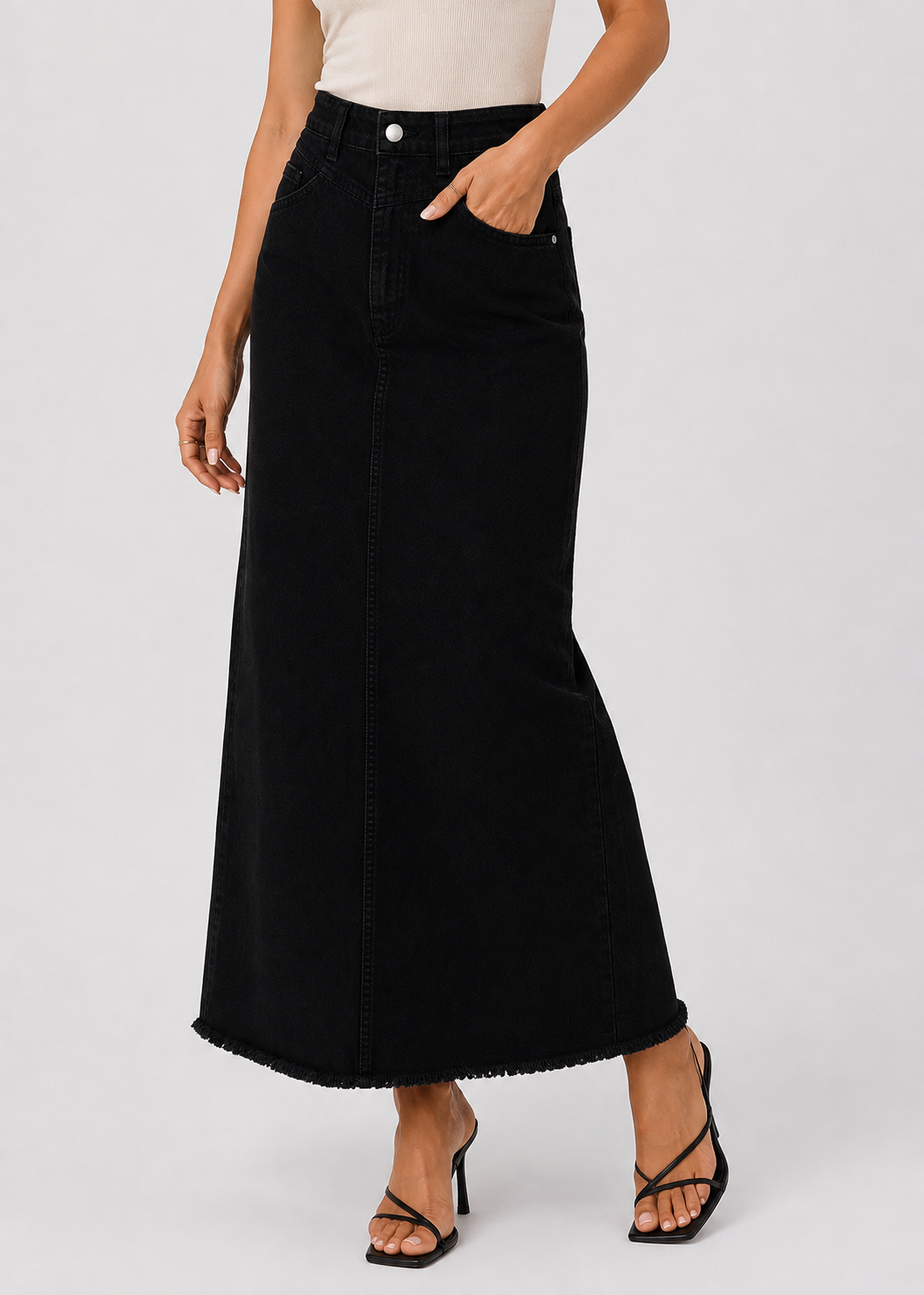 Women's High Waist Denim Maxi Skirt | Women | Straight Fit | Raw Hem | 4-Pocket Long Skirt | Steven & Levon