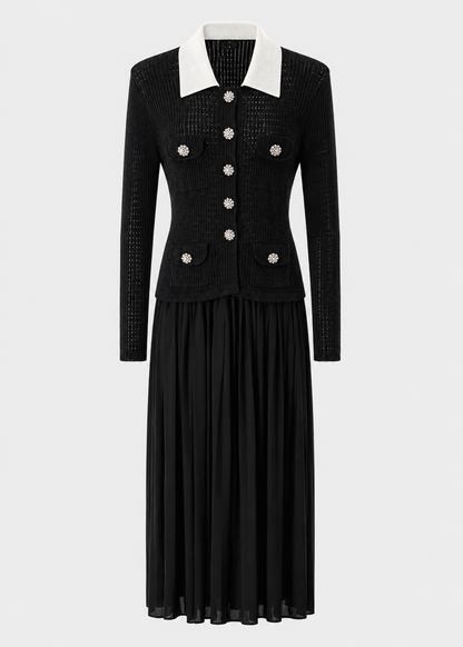 Open Knit Cardigan & Pleated Midi Skirt Co-Ord Set | Women | Black | Steven & Levon