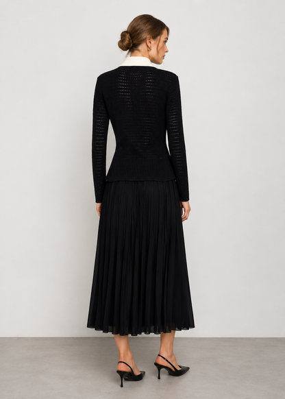 Open Knit Cardigan & Pleated Midi Skirt Co-Ord Set | Women | Black | Steven & Levon