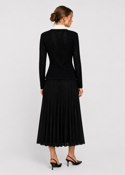 Open Knit Cardigan & Pleated Midi Skirt Co-Ord Set | Women | Black | Steven & Levon