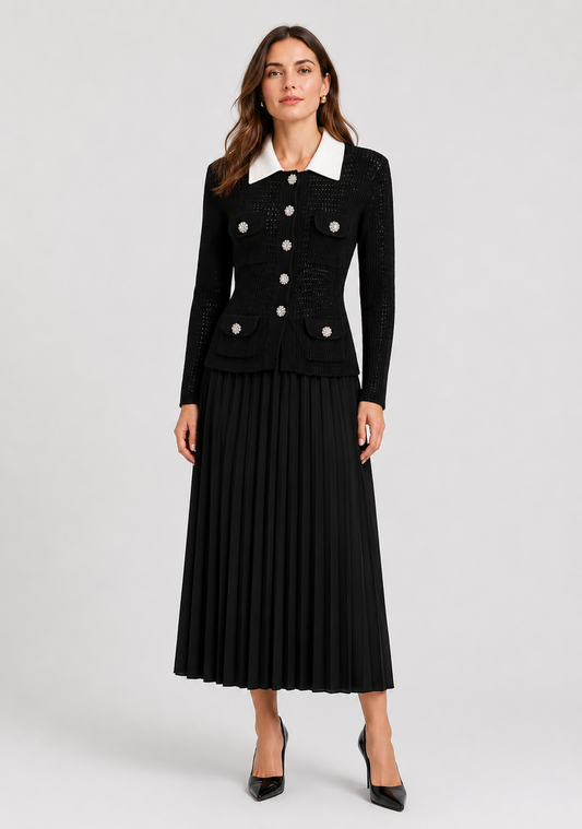 Open Knit Cardigan & Pleated Midi Skirt Co-Ord Set | Women | Black | Steven & Levon