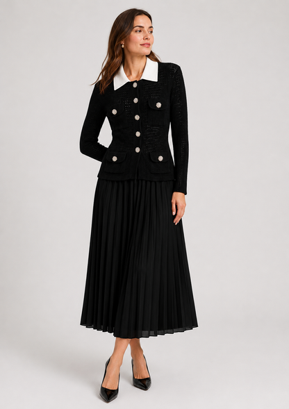 Open Knit Cardigan & Pleated Midi Skirt Co-Ord Set | Women | Black | Steven & Levon