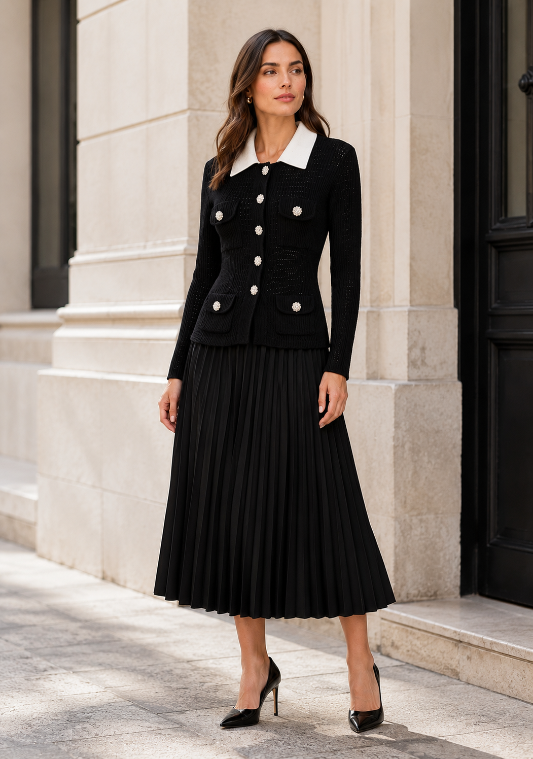 Open Knit Cardigan & Pleated Midi Skirt Co-Ord Set | Women | Black | Steven & Levon