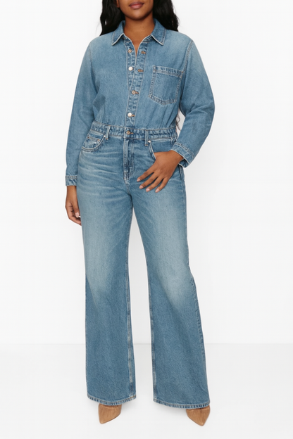 Women's Denim Jumpsuit | Straight Leg | Long Sleeve | Button Front | Casual Utility Style | Steven & Levon