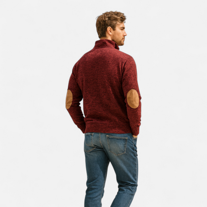 Men's Knitted Jumper | Stand Collar Half Button Pullover | Elbow Patch Sweater | Steven & Levon