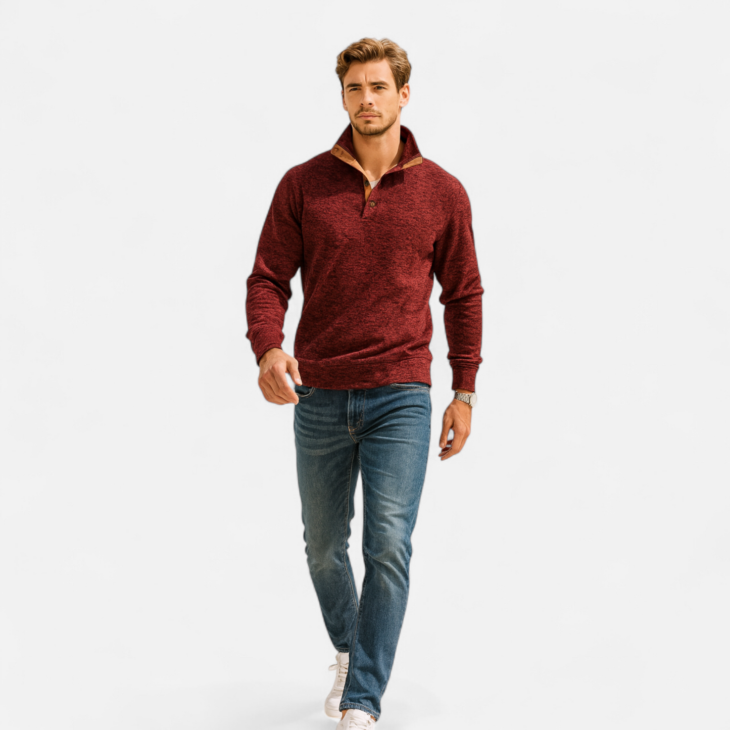 Men's Knitted Jumper | Stand Collar Half Button Pullover | Elbow Patch Sweater | Steven & Levon