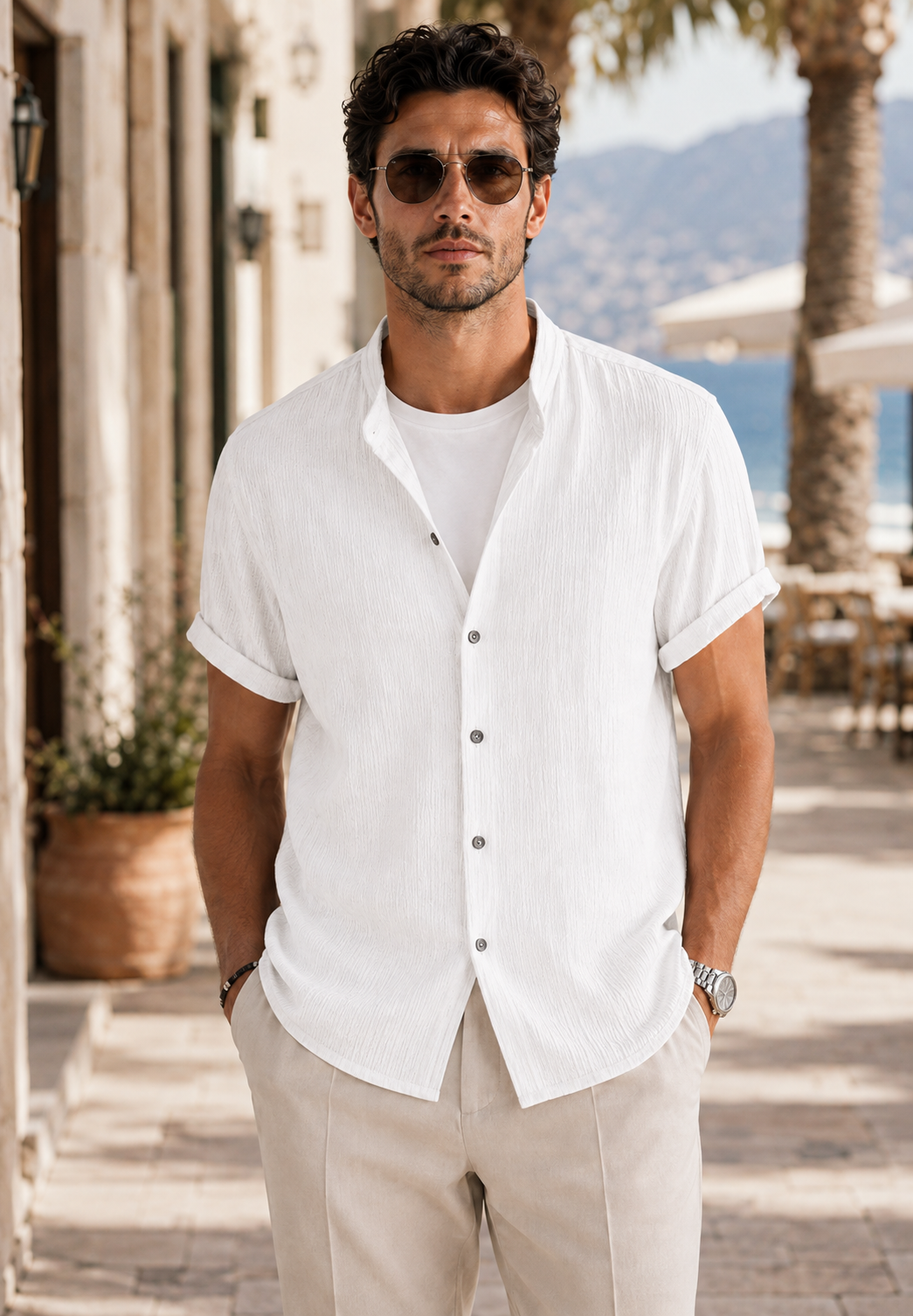 Men's Linen Short Sleeve V-Neck Shirt | Men | Breathable Lightweight | Casual Summer Beach Top | Steven & Levon