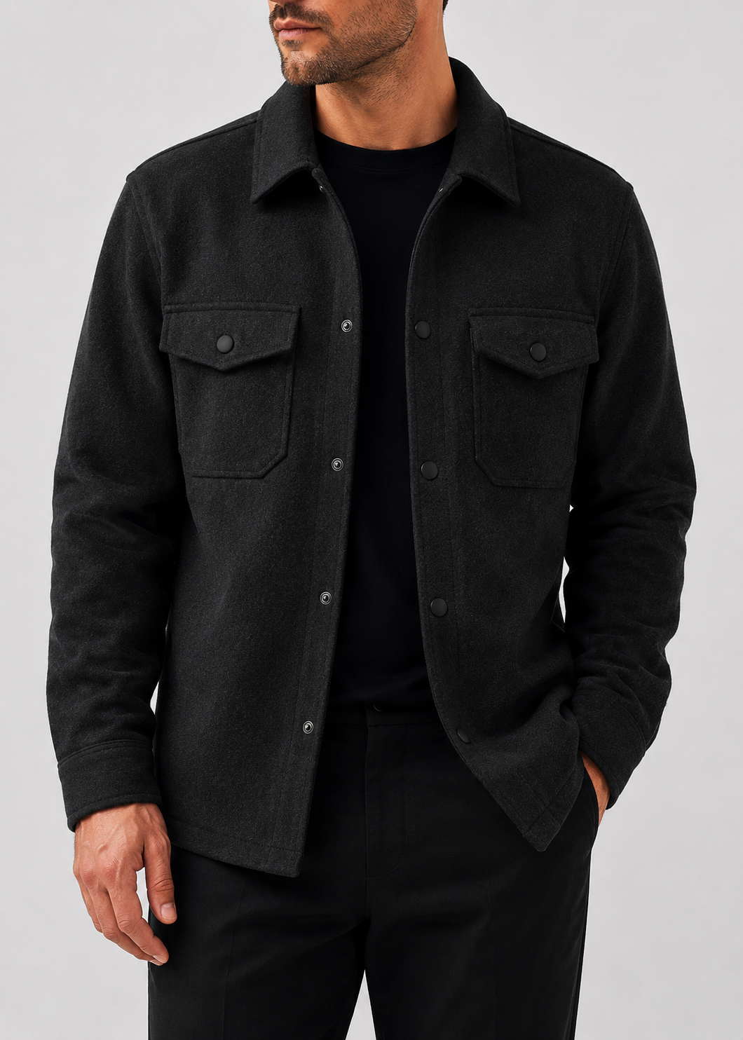 Men's Thickened Shirt Jacket | Polyester Overshirt | Chest Pockets | Casual Layering | Steven & Levon