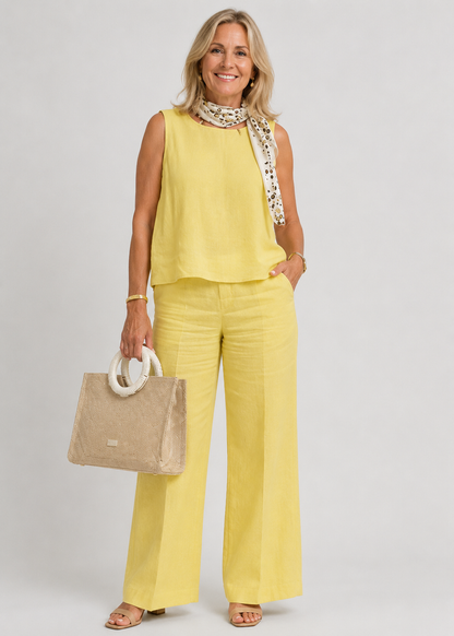 Maelis Women's Linen Summer Set | Sleeveless Blouse & Trousers | Two Piece | Steven & Levon