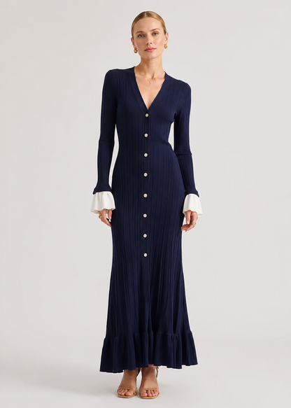 Long Sleeve Knit Maxi Dress | Women | Button Front | Contrast Cuffs | Navy | Steven & Levon