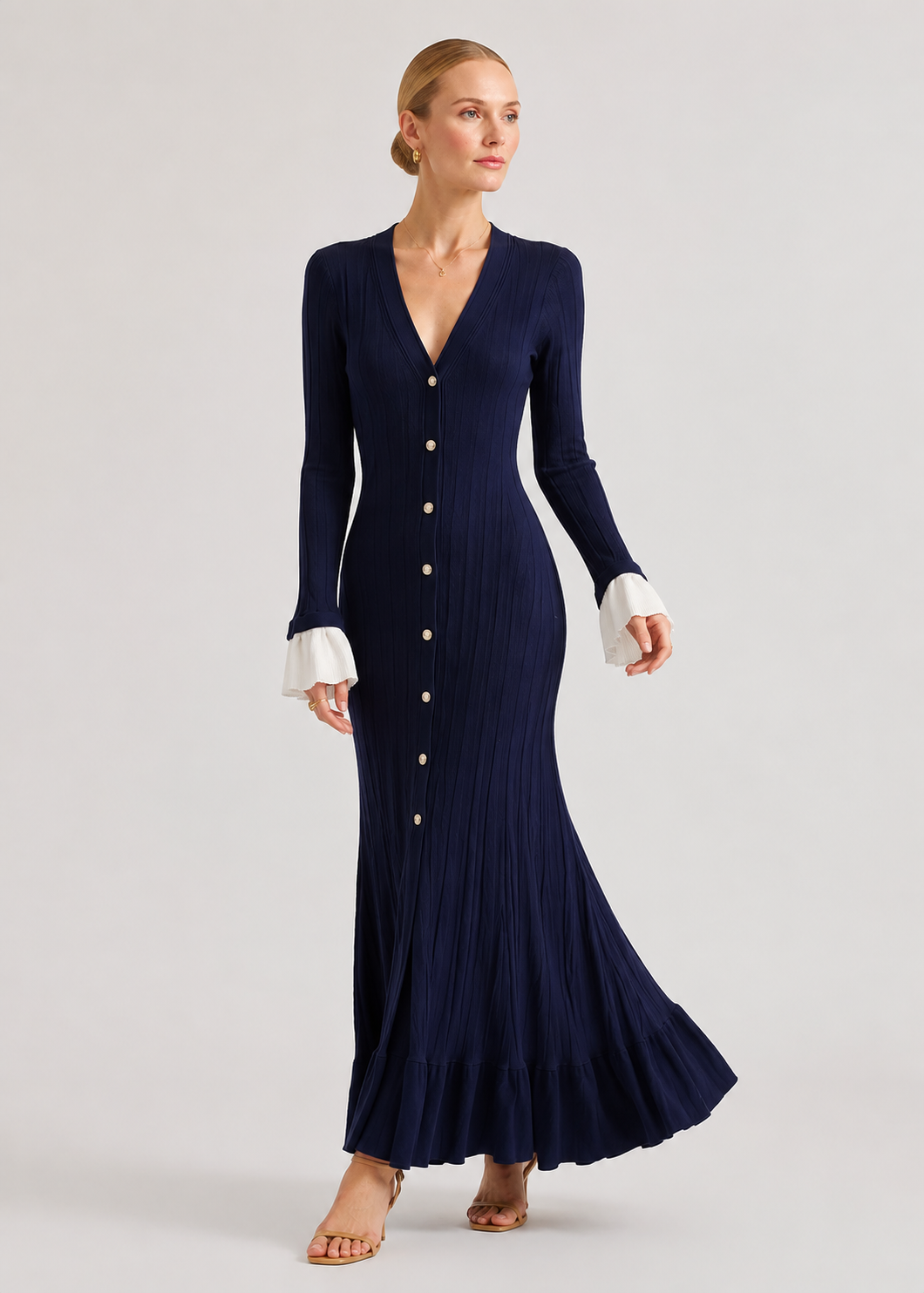 Long Sleeve Knit Maxi Dress | Women | Button Front | Contrast Cuffs | Navy | Steven & Levon