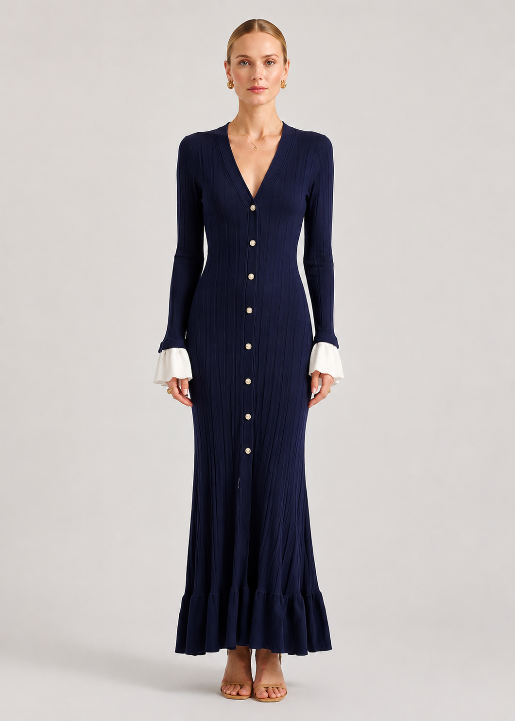 Long Sleeve Knit Maxi Dress | Women | Button Front | Contrast Cuffs | Navy | Steven & Levon