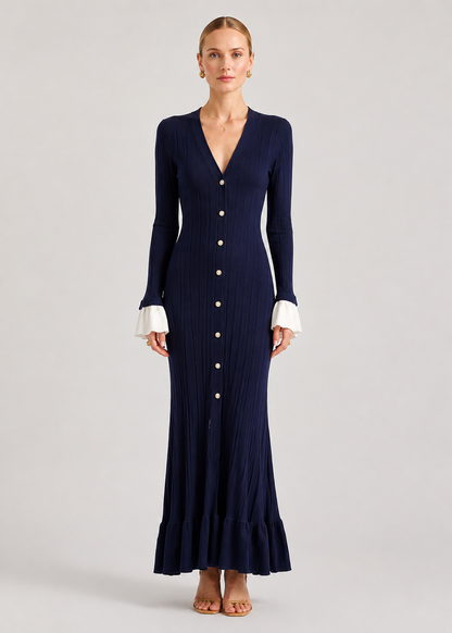 Long Sleeve Knit Maxi Dress | Women | Button Front | Contrast Cuffs | Navy | Steven & Levon