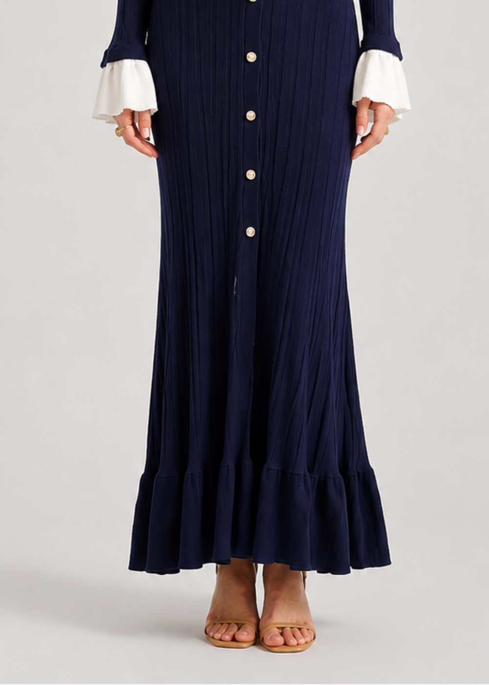 Long Sleeve Knit Maxi Dress | Women | Button Front | Contrast Cuffs | Navy | Steven & Levon