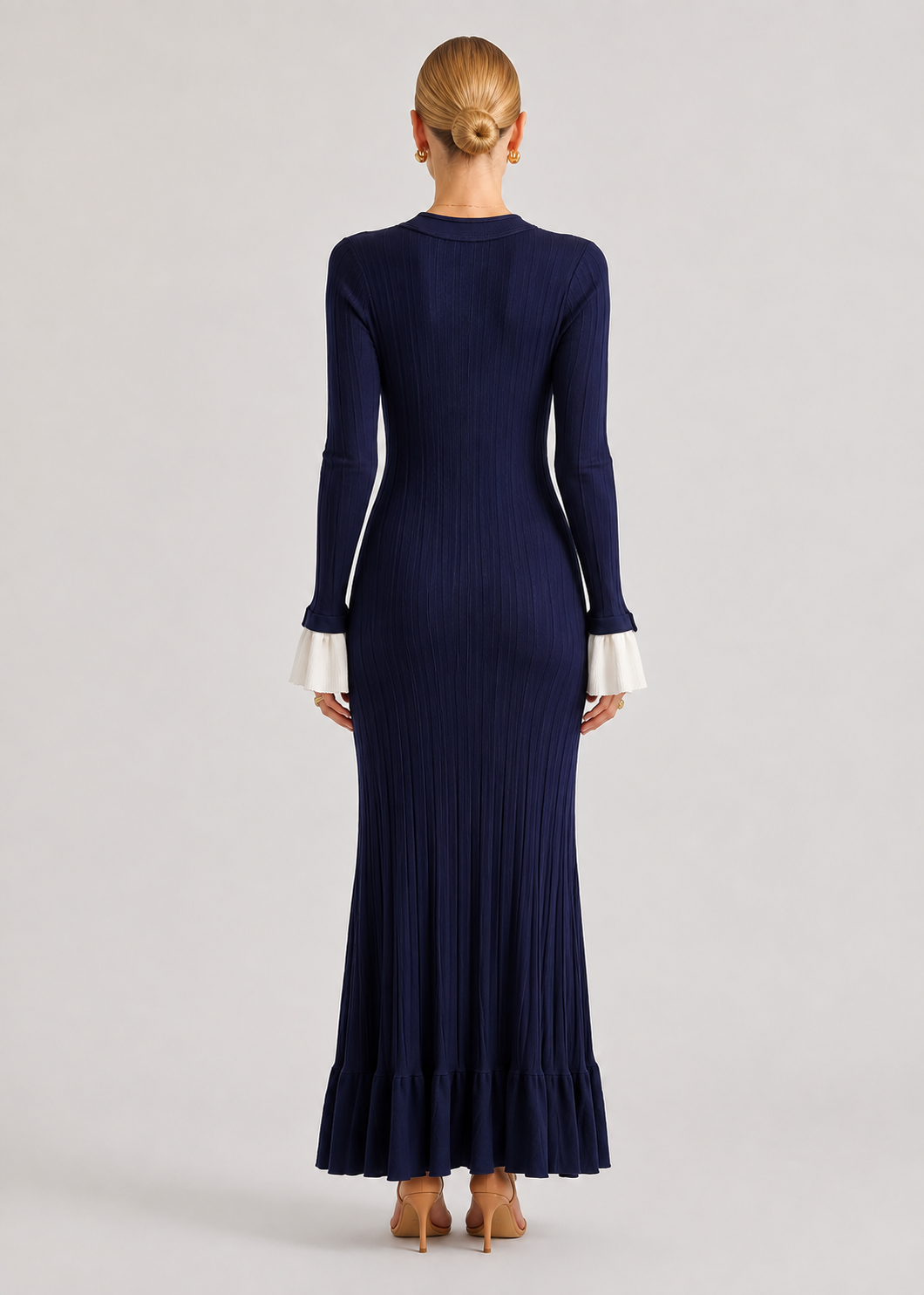 Long Sleeve Knit Maxi Dress | Women | Button Front | Contrast Cuffs | Navy | Steven & Levon