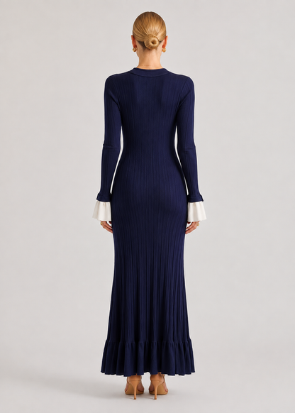 Long Sleeve Knit Maxi Dress | Women | Button Front | Contrast Cuffs | Navy | Steven & Levon