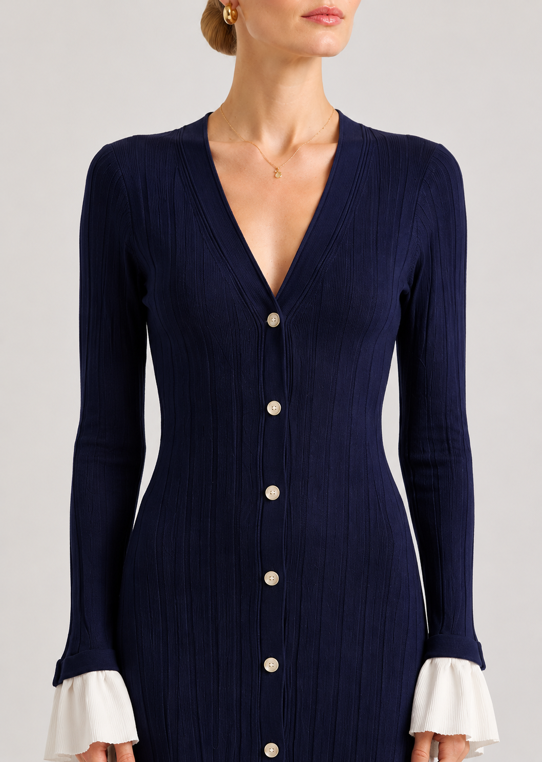 Long Sleeve Knit Maxi Dress | Women | Button Front | Contrast Cuffs | Navy | Steven & Levon
