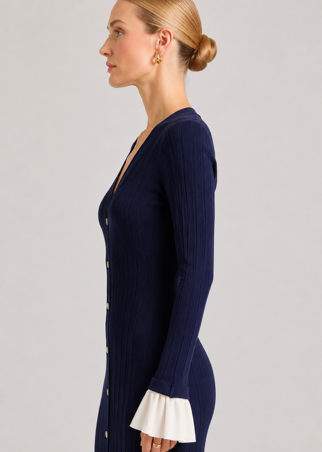 Long Sleeve Knit Maxi Dress | Women | Button Front | Contrast Cuffs | Navy | Steven & Levon
