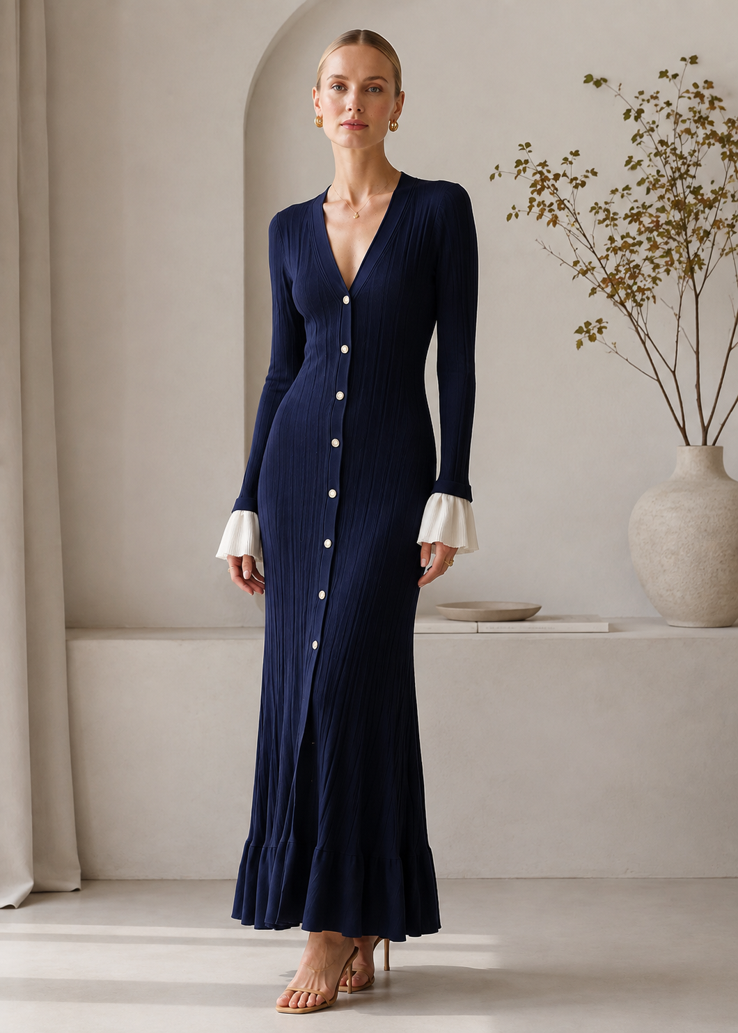 Long Sleeve Knit Maxi Dress | Women | Button Front | Contrast Cuffs | Navy | Steven & Levon