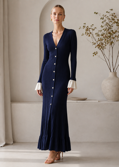 Long Sleeve Knit Maxi Dress | Women | Button Front | Contrast Cuffs | Navy | Steven & Levon