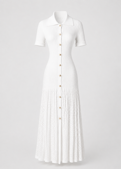Women's Ribbed Knit Midi Dress | Peter Pan Collar | Elegant White Style | Steven & Levon
