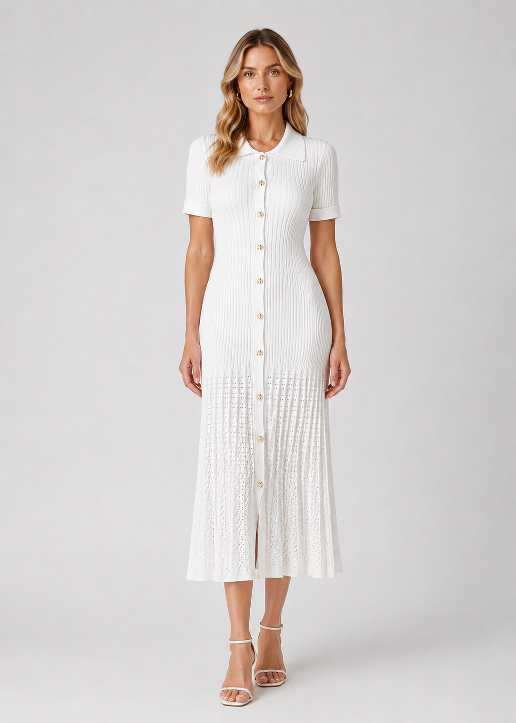 Women's Ribbed Knit Midi Dress | Peter Pan Collar | Elegant White Style | Steven & Levon