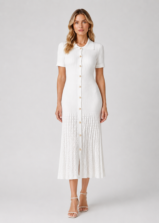 Women's Ribbed Knit Midi Dress | Peter Pan Collar | Elegant Women's Style | Steven & Levon Collection